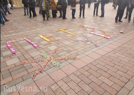 «Петя жуй!» — митингующие выложили Порошенко послание конфетами Roshen (ФОТО, ВИДЕО)