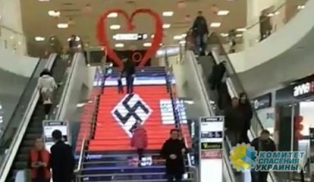 Фашизма на Украине нет: несколько часов главная лестница ТЦ в Киеве была застелена огромной свастикой